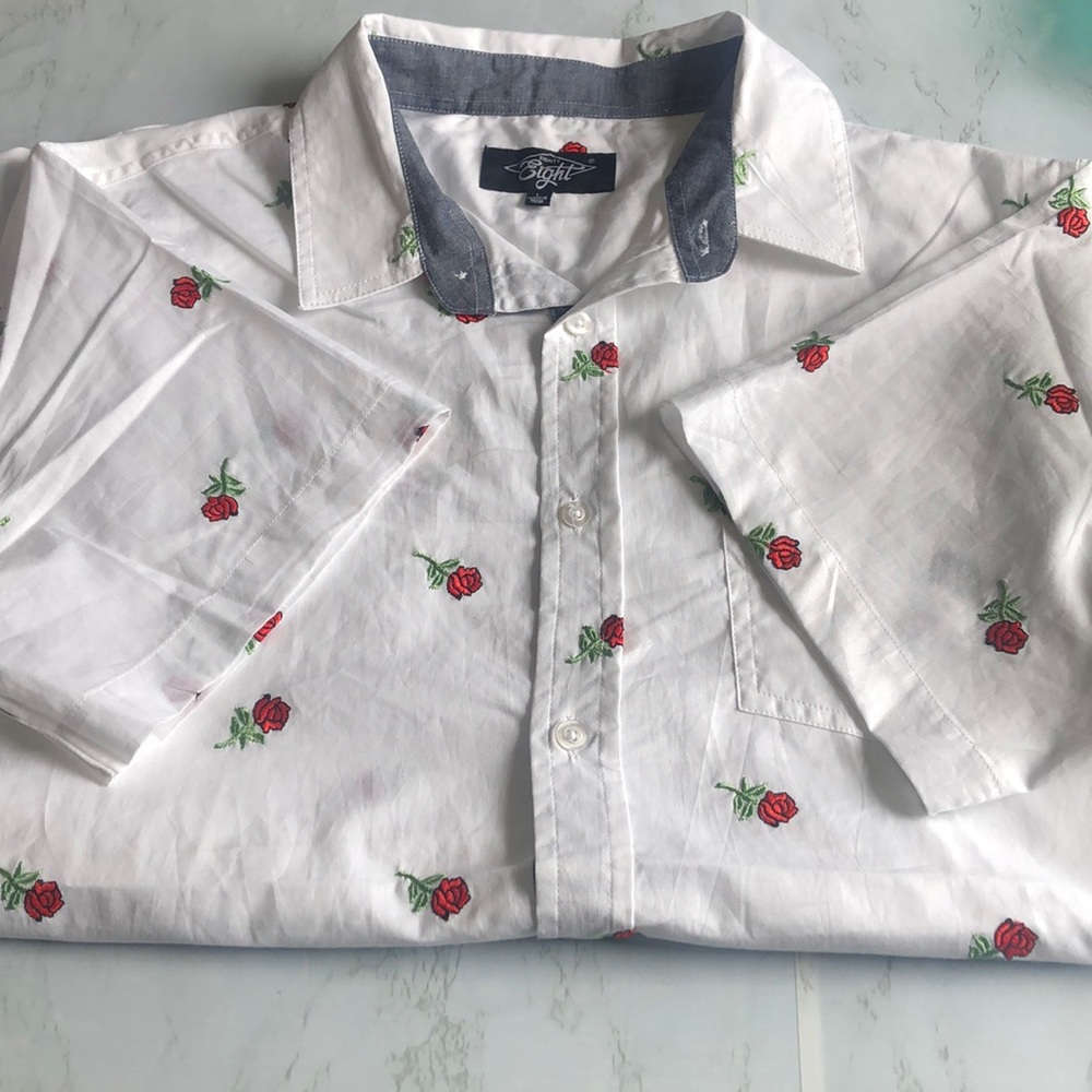 Short Sleeve Button Up with Embroidered Roses